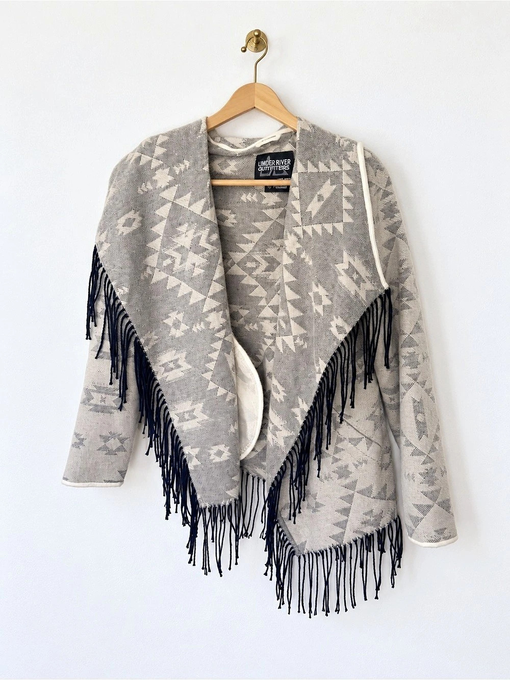 Powder River Outfitters Aztec Fringe Cardigan Sweater Gray & White